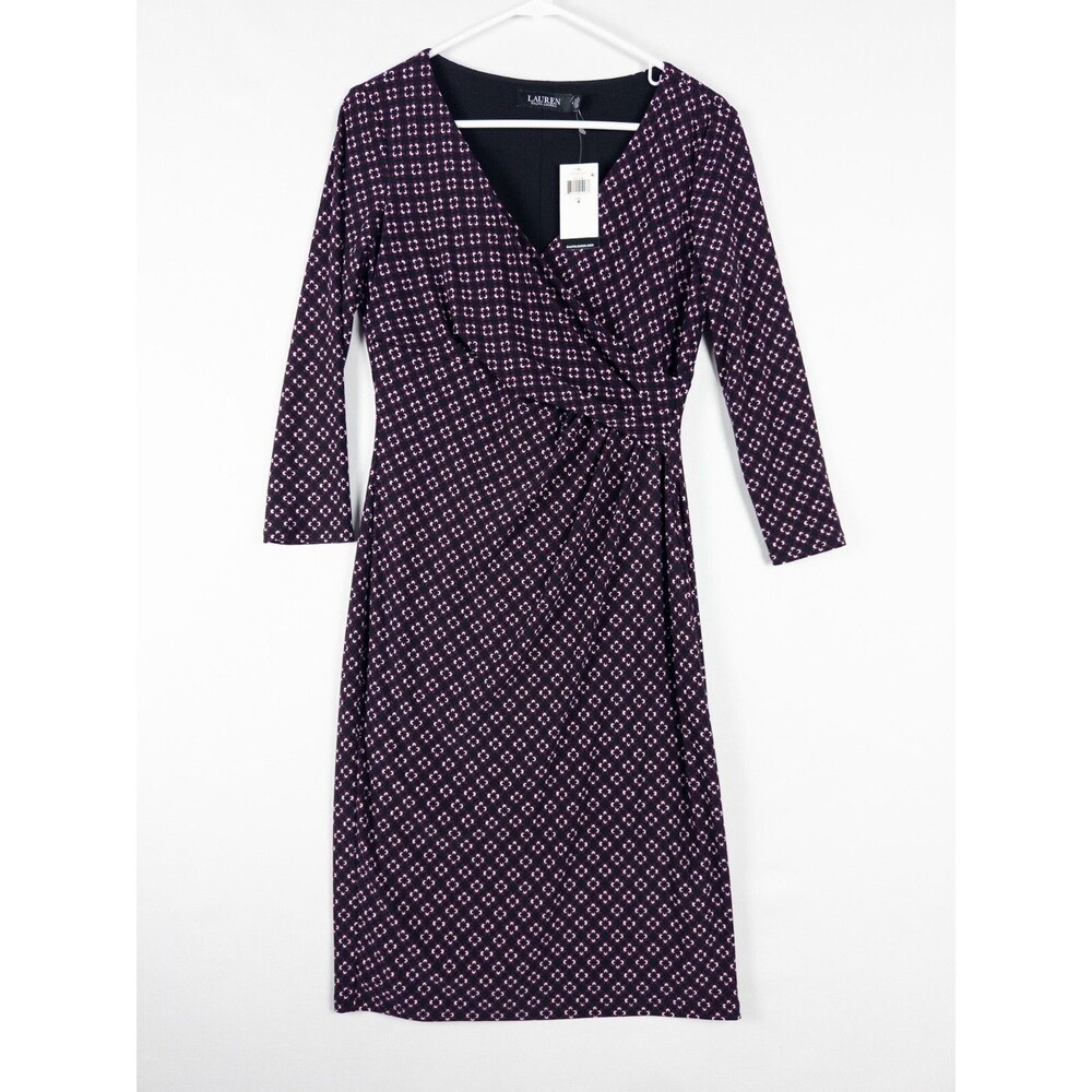 NWT LRL Ralph Lauren Dress Womens 4 Geometric Cocktail Evening Drapped V Neck
